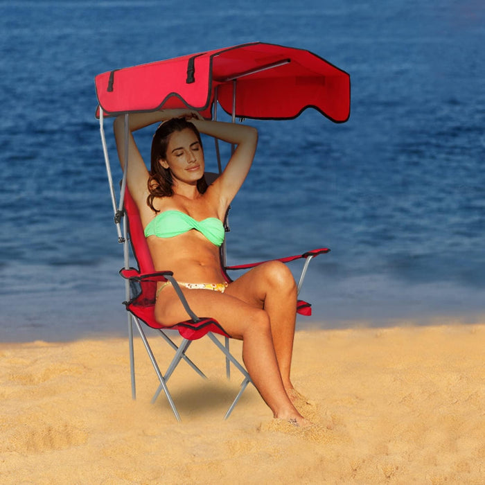 Simenmax Oversized Camping Chair with Sun Canopy - Portable Folding Outdoor Chair with Cup Holders, Side Pocket & Carry Bag, Supports 300 lbs, Red