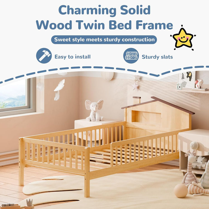 Simenmax Twin Size Bed Frame with House Headboard, Storage Guardrails - Solid Wood, No Box Spring, Natural Brown