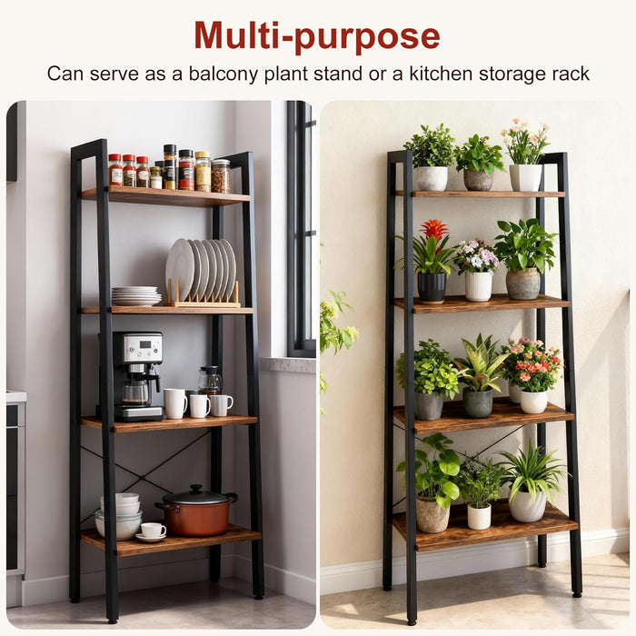 Simenmax 4-Tier Bookshelf, Industrial Ladder Shelf, Space-Saving Storage & Display Bookshelf for Living Room, Bedroom, Office, Brown