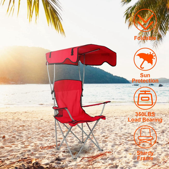 Simenmax Oversized Camping Chair with Sun Canopy - Portable Folding Outdoor Chair with Cup Holders, Side Pocket & Carry Bag, Supports 300 lbs, Red