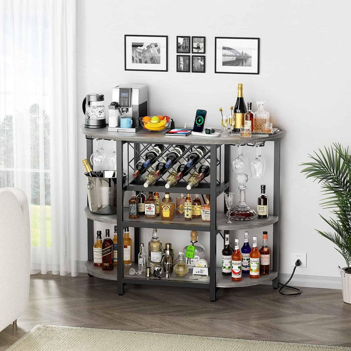 Bigleap 4-Tier Floor Bar Cabinet with LED Lights & Power Outlet, Freestanding Wine Rack and Coffee Bar Station with Glass Holder, Gray