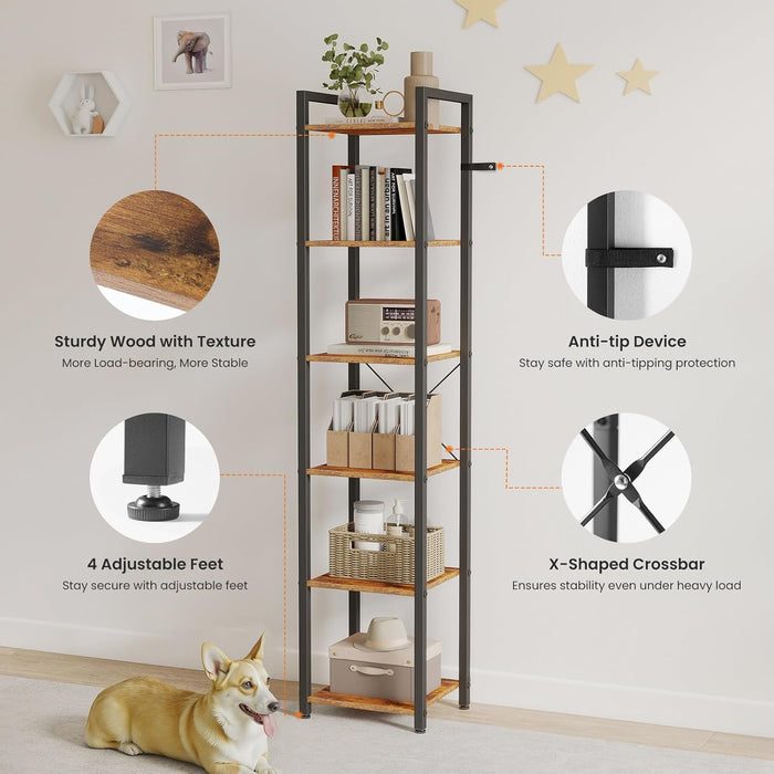 Simenmax 6-Tier Bookcase - Slim Freestanding Shelf with Steel Frame, Rustic Brown & Black for Living Room, Office, Bedroom