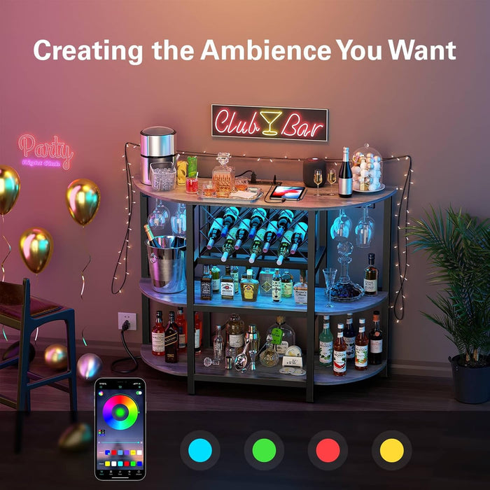 Bigleap 4-Tier Floor Bar Cabinet with LED Lights & Power Outlet, Freestanding Wine Rack and Coffee Bar Station with Glass Holder, Brown