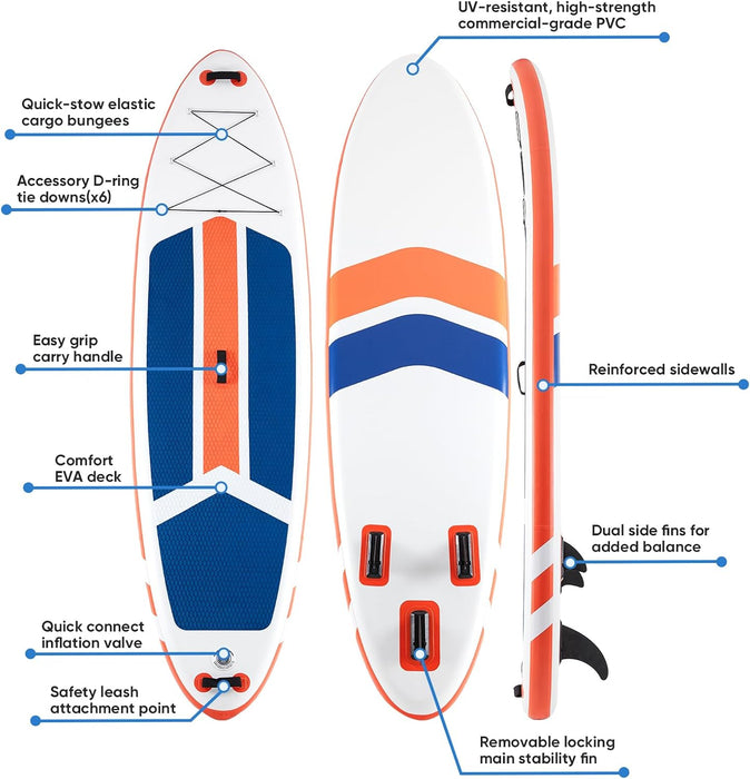 Bigleap Inflatable Paddle Board Stand Up Paddle Board 6‘’ Thick 2-in-1 Paddle with Sup Accessories & Carry Bag & Fast Pumping for All Skill Levels, Orange