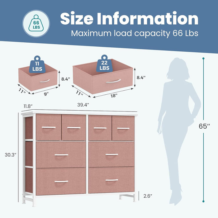 Bigleap 8-Drawer Wide Dresser for Bedroom, Large Fabric Storage Tower for Living Room, Closet & Entryway Organization,Pink