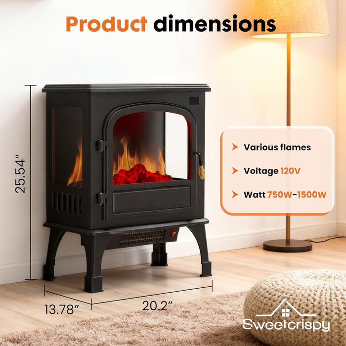 Simenmax Freestanding Electric Fireplace Heater, 19" Electric Fireplace Infrared Stove Heater, 3D Realistic Flame Effects, Adjustable Brightness and Heating Mode, Overheating Safe Design,1500W, Black