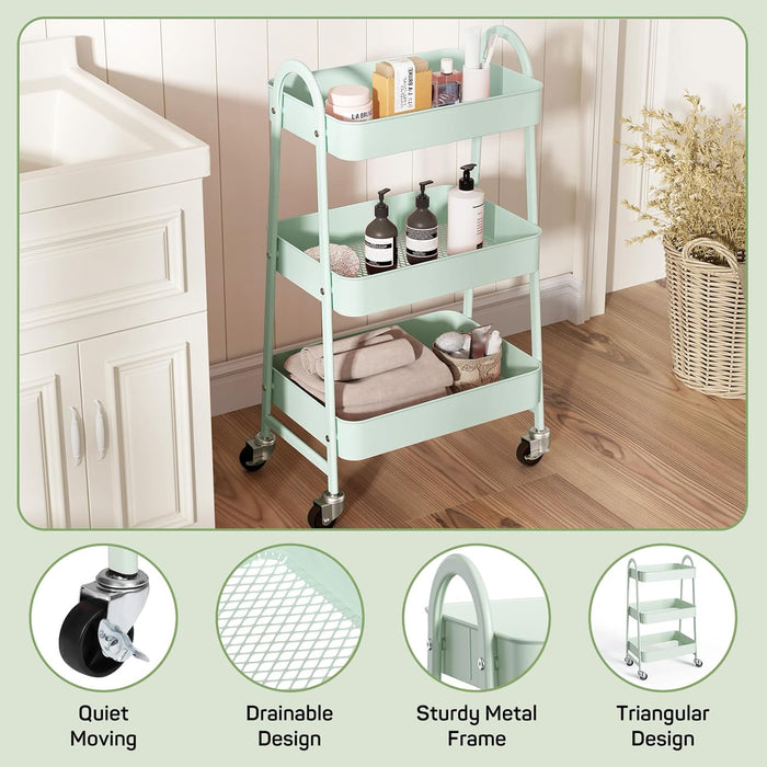 Bigleap Rolling Utility Cart, 3-Tier Metal Storage Trolley with Handle and Lockable Wheels, Multifunctional Organizer for Office, Kitchen, Living Room, Bathroom,Green