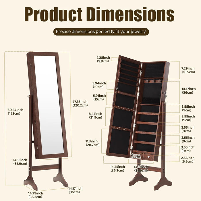 Simenmax Freestanding Jewelry Armoire with Full-Length Mirror, Lockable Storage Cabinet, 60-inch Tall Makeup Organizer with Velvet Lining,Brown