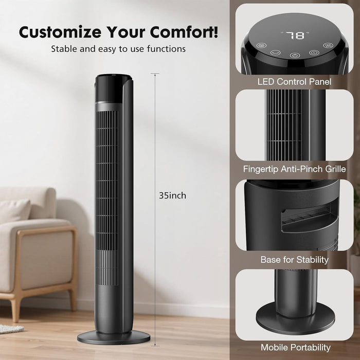Simenmax Tower Fan, 35" Cooling Fan with Remote, 60° Floor Fan Oscillating, Powerful Fan with 4 Modes, 12-Hour Timer, Quiet Portable Bladeless Fan for Bedroom Living Rooms Office Gray