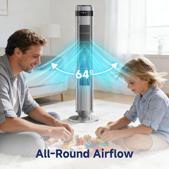 Simenmax Tower Fan, 36'' Bladeless Floor Fan with Remote, 12H Timer, 5 Speeds & 4 Modes, 28dB Quiet Standing Fan for Bedroom, Home, and Office,Silver
