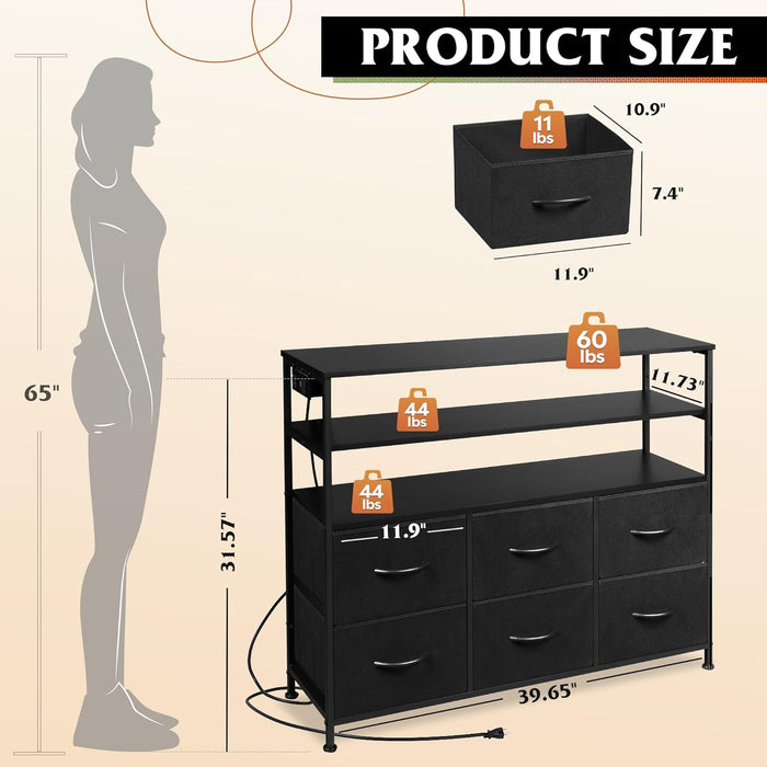Bigleap TV Stand for 40-45 Inch TVs, 6 Fabric Dresser with RGB LED Lights, Entertainment Center with Charging Station, Black