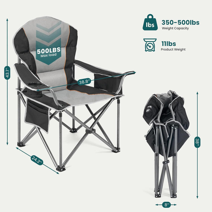 Simenmax Camping Folding Chair, Heavy Duty Padded Chair with Cup Holder Storage and Cooler Bag,Black Gray
