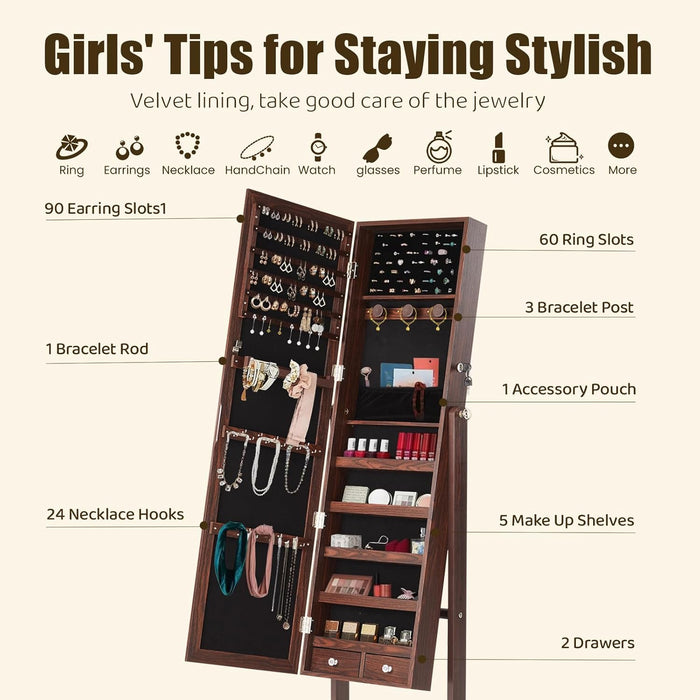Simenmax Freestanding Jewelry Armoire with Full-Length Mirror, Lockable Storage Cabinet, 60-inch Tall Makeup Organizer with Velvet Lining,Brown