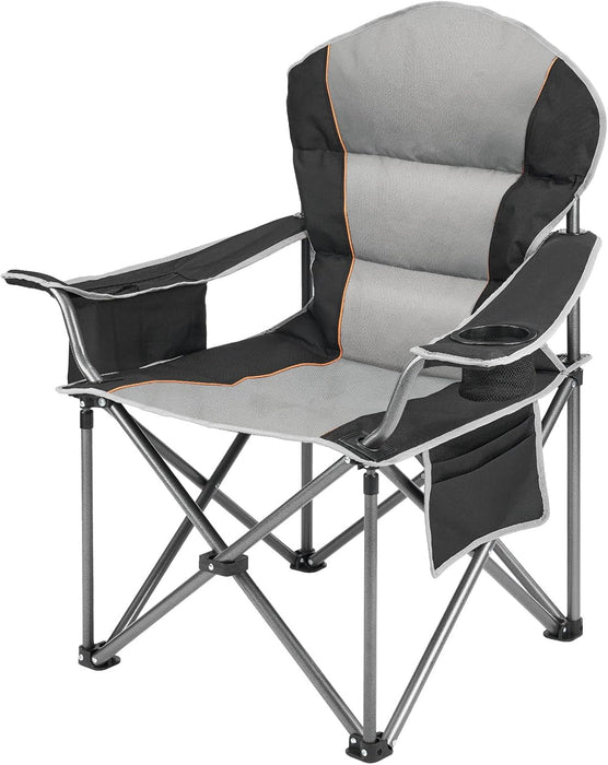 Simenmax Oversized Camping Chairs Folding Heavy Duty Padded Lawn Chair with Cooler Bag, Storage Netting Cup Holder, Suppor 500lbs for Adults Outdoors Fishing Picnic Travel Gray