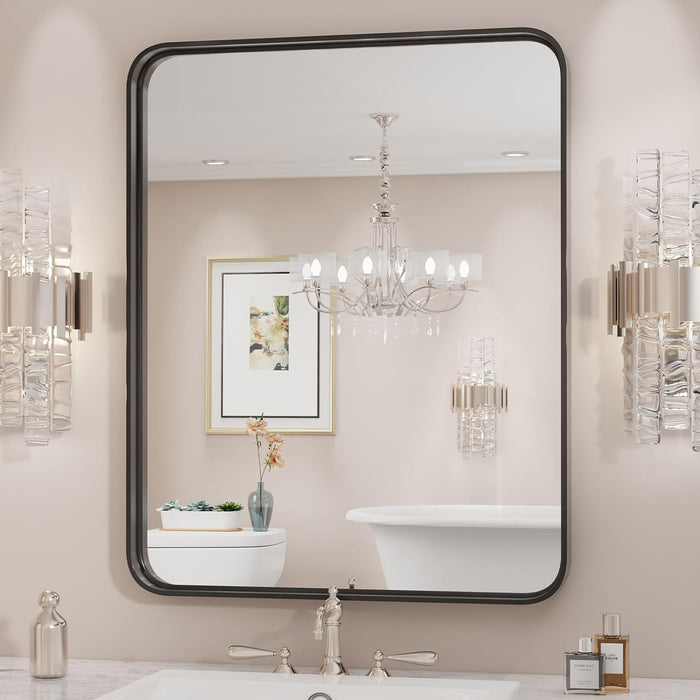 BIGLEAP Black Metal Framed Bathroom 22”x30” Rounded Rectangle Vanity Mirror,Anti-Rust,Tempered Glass,Hangs Horizontally or Vertically