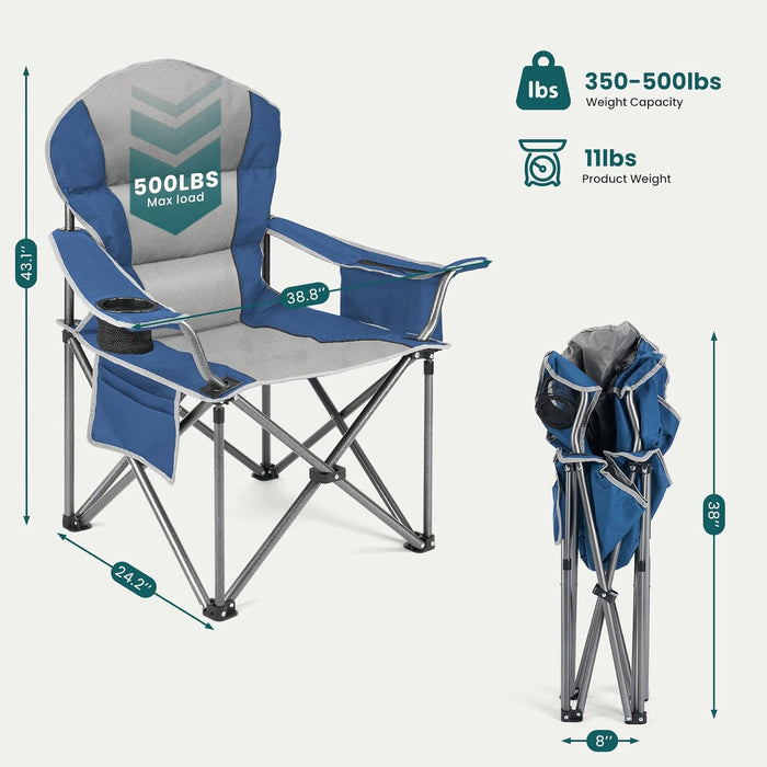 Simenmax Camping Folding Chair, Heavy Duty Padded Chair with Cup Holder Storage and Cooler Bag,Blue Gray