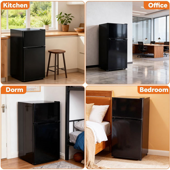 Simenmax Two-Door Refrigerator with Freezer, 3.2 Cu.Ft Mini Fridge Ultra-Quiet Fridge for Bedroom, Dorm, Office,Black