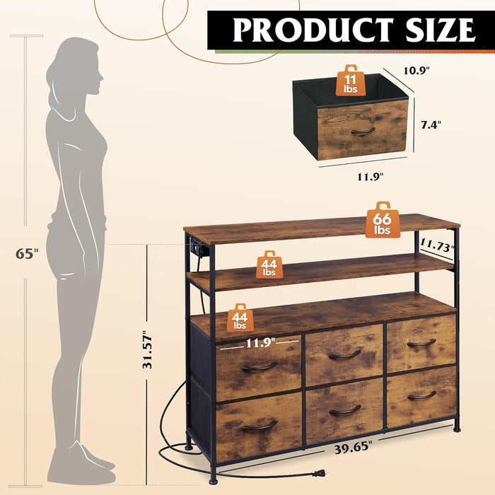 Bigleap TV Stand for 40-45 Inch TVs, 6 Fabric Dresser with RGB LED Lights, Entertainment Center with Charging Station, Brown