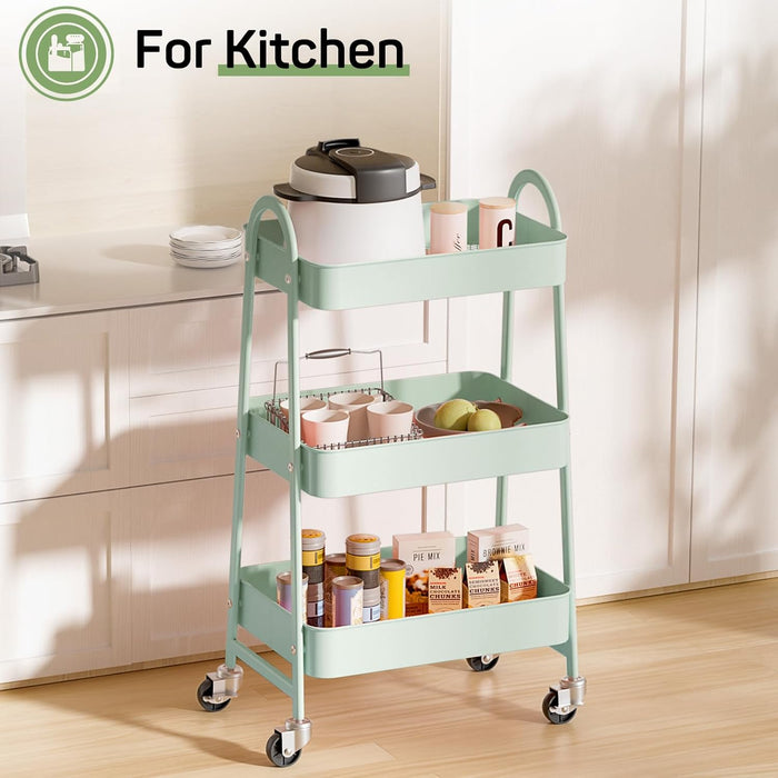 Bigleap Rolling Utility Cart, 3-Tier Metal Storage Trolley with Handle and Lockable Wheels, Multifunctional Organizer for Office, Kitchen, Living Room, Bathroom,Green