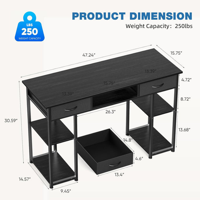 Simenmax Computer Desk with 2 Drawers, 48 Inch Office Desk Study Table, Fabric Drawers Storage Shelves,Black