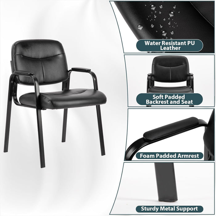 Simenmax Office Guest Reception Chair for Waiting Conference Room Lobby with Lumbar Support and Padded Arms,No Wheels,PU Leather, Black