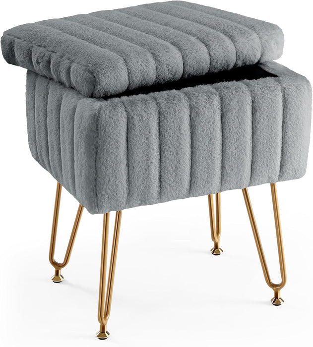 Bigleap Ottoman Vanity Stool Chair with Storage, Modern Style Faux Fur Seat with 4 Metal Legs & Non-slip Feet for Living Room, Bedroom, Gray