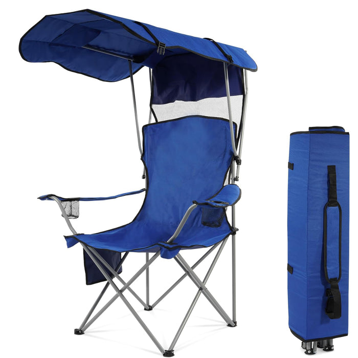 Simenmax Oversized Camping Chair with Sun Canopy - Portable Folding Outdoor Chair with Cup Holders, Side Pocket & Carry Bag, Supports 300 lbs, Blue
