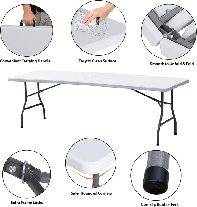 Simenmax Folding Table 8 FT Plastic Foldable Table with Portable Carrying Handle for Party Picnic Camping BBQ Dining Kitchen, White