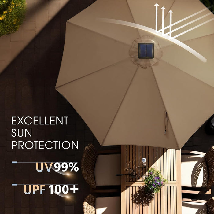 Simenmax 10FT Solar Patio Umbrella with 32 LED Lights, Outdoor Umbrellas Market Umbrella with 8 Sturdy Ribs for Market, Beach, Pool, Garden, Backyard,Brown