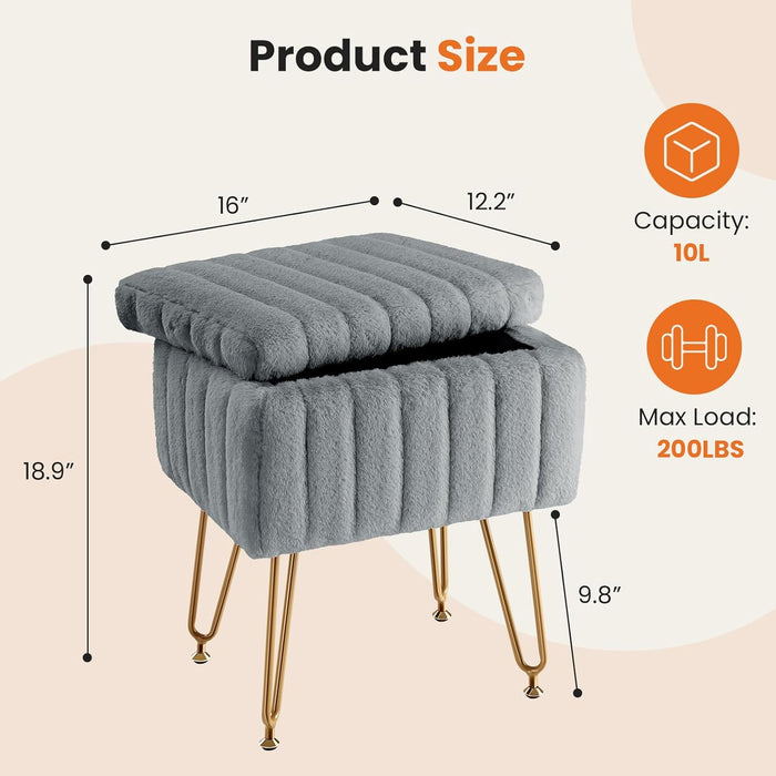 Simenmax Vanity Stool Chair with Storage, Ottoman Faux Fur Soft Padded Makeup Footstools Seat, Gray