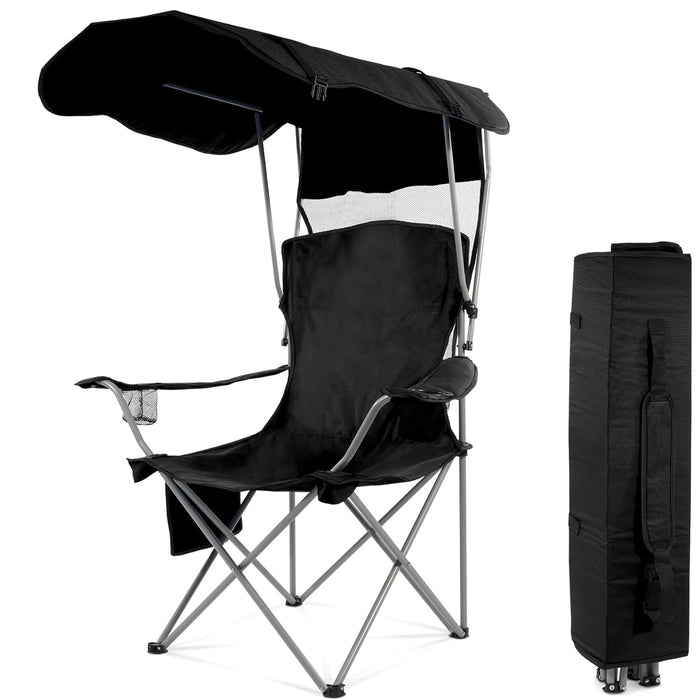 Simenmax Oversized Camping Chair with Sun Canopy - Portable Folding Outdoor Chair with Cup Holders, Side Pocket & Carry Bag, Supports 300 lbs, Black