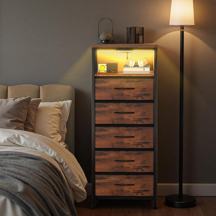 Simenmax Nightstand with Charging Station & LED Lights, 5 Drawer Bedside Table with Variable Light Strip, Modern Industrial Bedroom Furniture, Brown