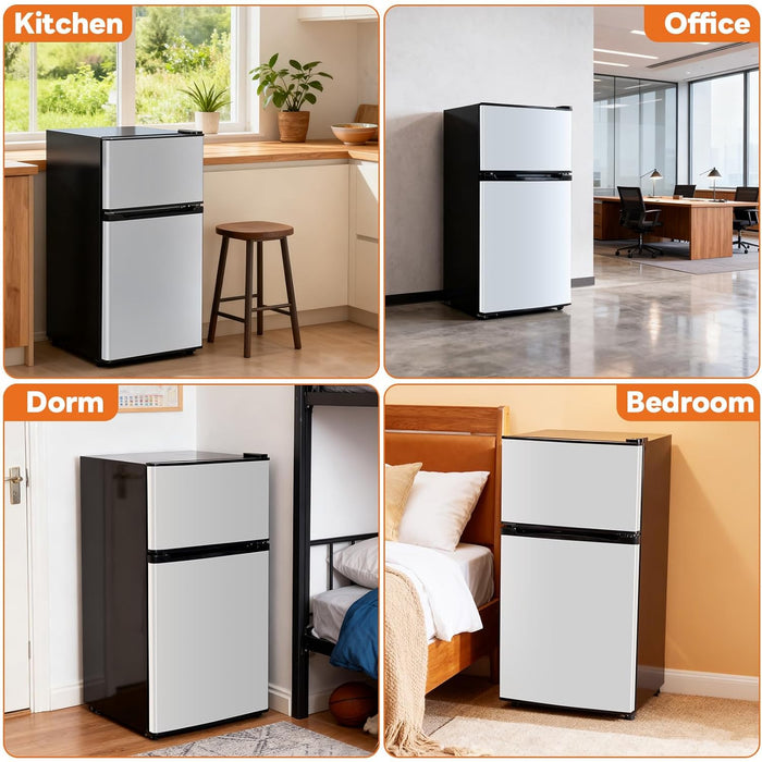 Simenmax Two-Door Refrigerator with Freezer, 3.2 Cu.Ft Mini Fridge Ultra-Quiet Fridge for Bedroom, Dorm, Office,Silver