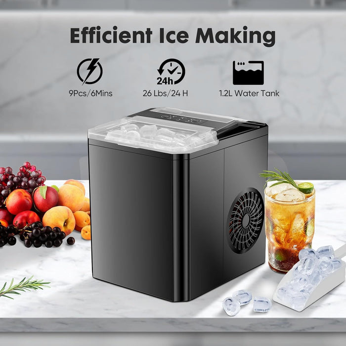 Simenmax Ice Maker, Portable Countertop Icemaker Machine, Self Cleaning Quiet 2 Sizes Bullet Cubes Makers, 9 Cubes in 6 Mins,Black