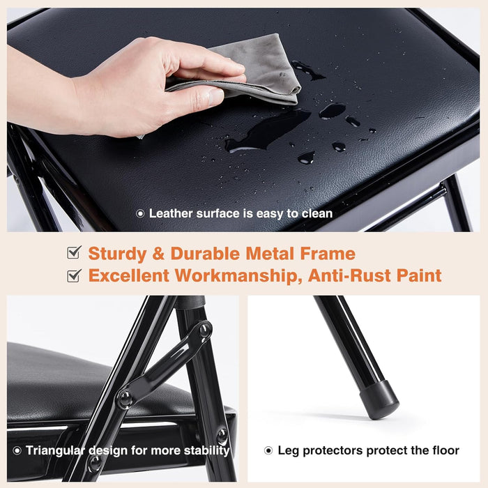 Bigleap Folding Chairs 4 Pack, PU Leather Padded Foldable Chairs with Metal Frame for Indoor Outdoor Use, Office, Party, Wedding,Black