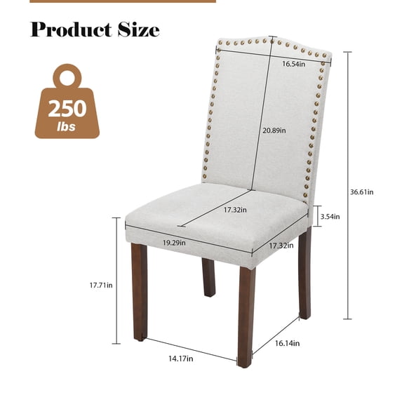 Dining Chairs Set of 2, Modern Upholstered Fabric Chairs with Nailhead Trim and Wooden Legs for Kitchen, Dining Room, or Living Room