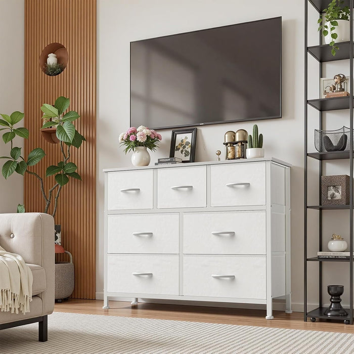 Betcozy 7-Drawer Fabric Dresser, Horizontal TV Stand & Main Bedroom Clothes Storage Unit, Metal Frame with Wooden Top, White