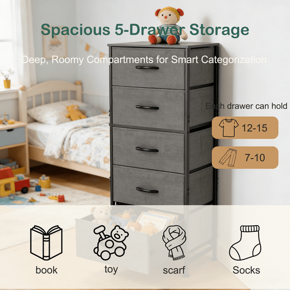 Aidoly 5-Tier Fabric Drawer Storage Organizer with Solid Surface Top - Multi-Functional Bedside & Room Organizer
