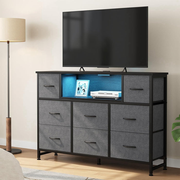 Taoset 8-Drawer TV Stand with LED Lights & Power Outlet, Entertainment Center with Open Storage Shelf, Tall Dresser for 50/55 inch TV, Media Console with Charging Station for Bedroom & Living Room, Gray