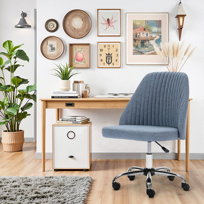 Blorly Colorful Linen Desk Chair, Comfy Thick Seat with Swivel Wheels, Armless Task Chair, Blue