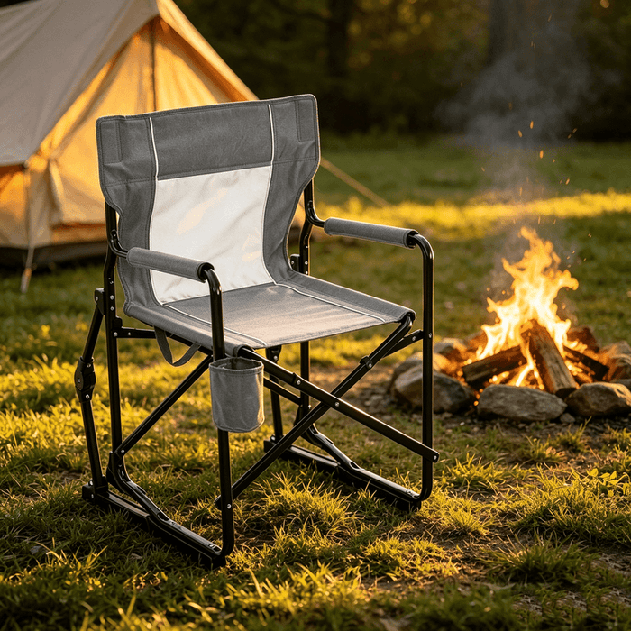 Betcozy Folding Rocking Directors Chair, Heavy-Duty Steel Frame 600D Oxford Fabric Rocking Camping Chair with Cup Holder, Portable Lawn Chair for Patio, Campsite, Beach, Fishing, Gray