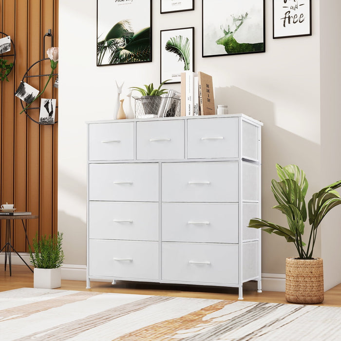 TINKLE WELL 9 Drawer Dresser, Wide Chest Of Drawers Nightstand Storage Tower Storage Dresser Fabric Dresser With Wood Top, Metal Frame, White