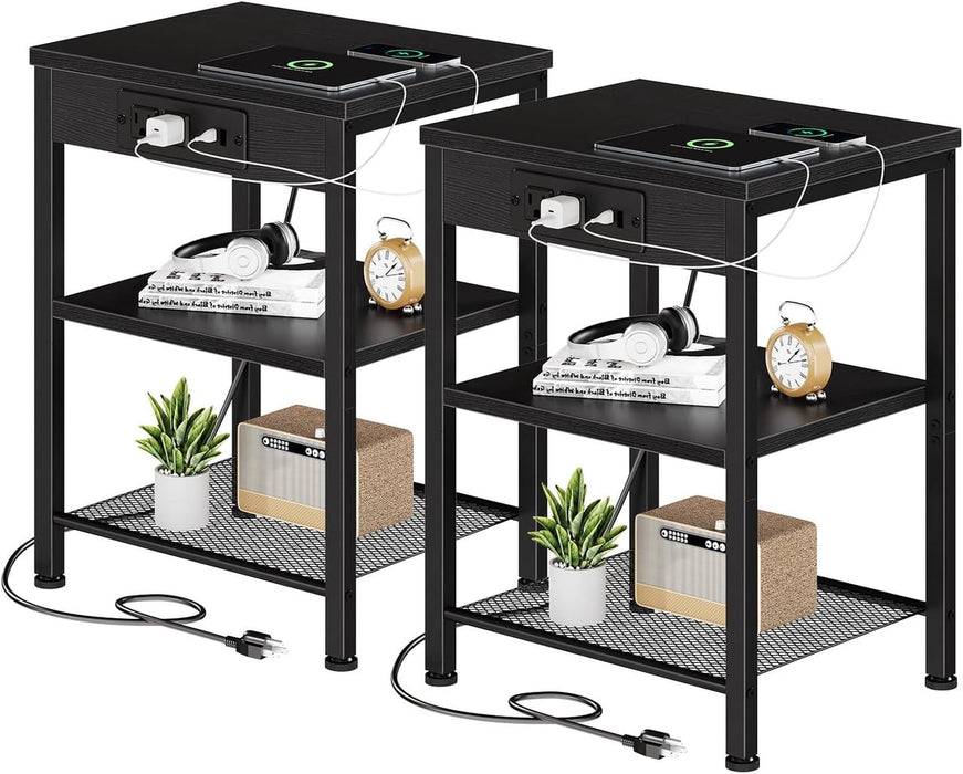 Bigleap 3-Tier End Table Set of 2, Small Nightstand with AC Outlets & USB Ports for Small Spaces, Bedroom, Living Room, Black