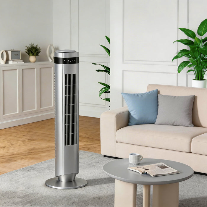 Betcozy Quiet Tower Fan for Bedroom, Oscillating Fan with Child Lock & Night Light, 28dB, 12H Timer and Remote, 5 Speeds Cooling Fan for Nursery and Home,Gray