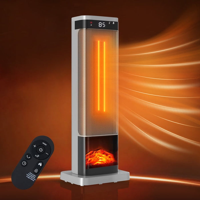 Betcozy Tower Space Heater with Flame Effect- 1500W Heating Electric Heater with 3 Light Modes, 60掳 Oscillation, Remote Control for Indoor Use (Silver)