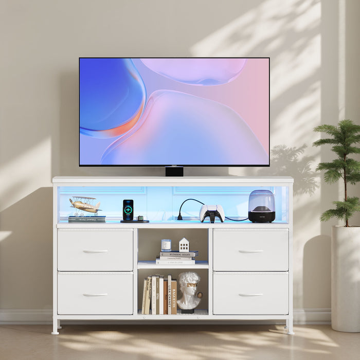 Blorly TV Stand with LED Lights and Power Outlet, Entertainment Center for 45 inch TV, 4 Drawer Fabric Dresser with Charging Station, Modern Gaming Console Table for Bedroom & Living Room, White