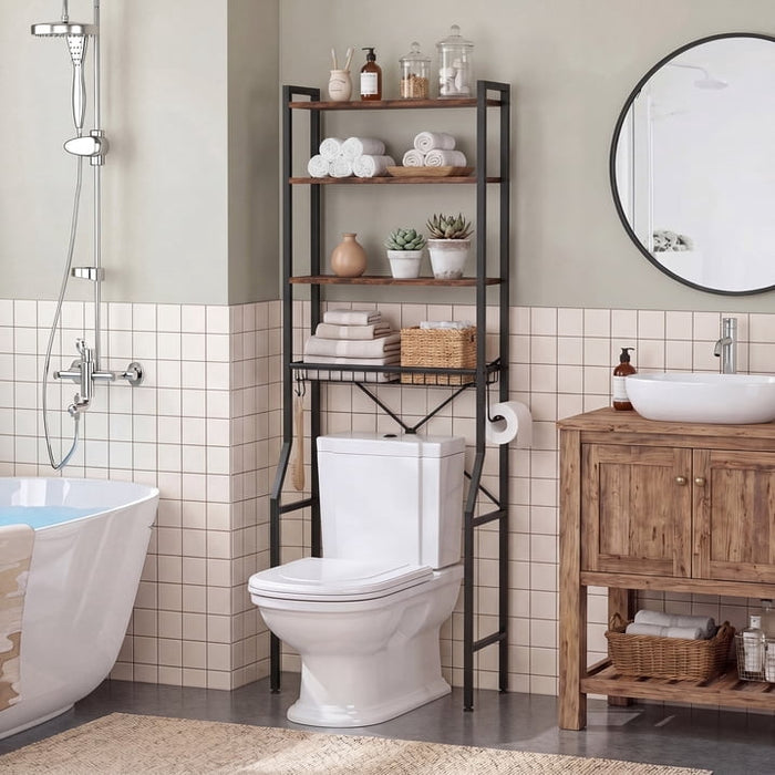 Betcozy 4-Tier Over-The-Toilet Storage Rack, Space Saving Bathroom Organizer with Side Hooks,Brown