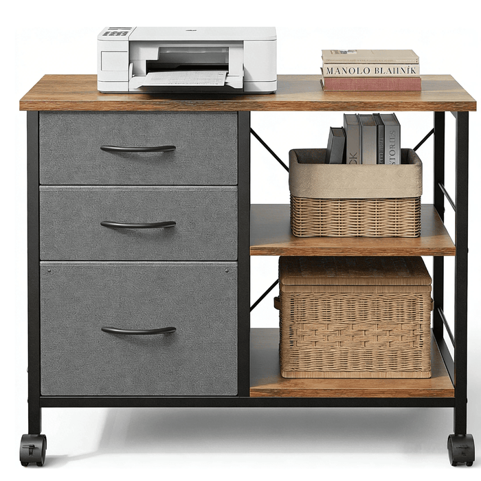 Nextay 3-Tier Mobile File Cabinet Wide Filing Cabinet Desk Table Cabinet Storage Furniture with Drawers and Back Support Bar for Home Office, Rustic Brown