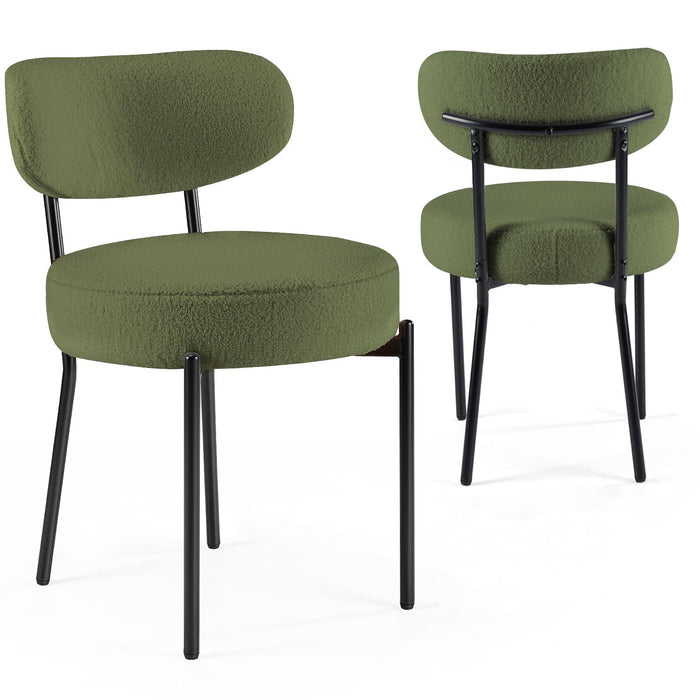 Boucle Dining Chairs Set of 2, Modern Upholstered Kitchen Chairs with Curved Backrest and Metal Legs, Green