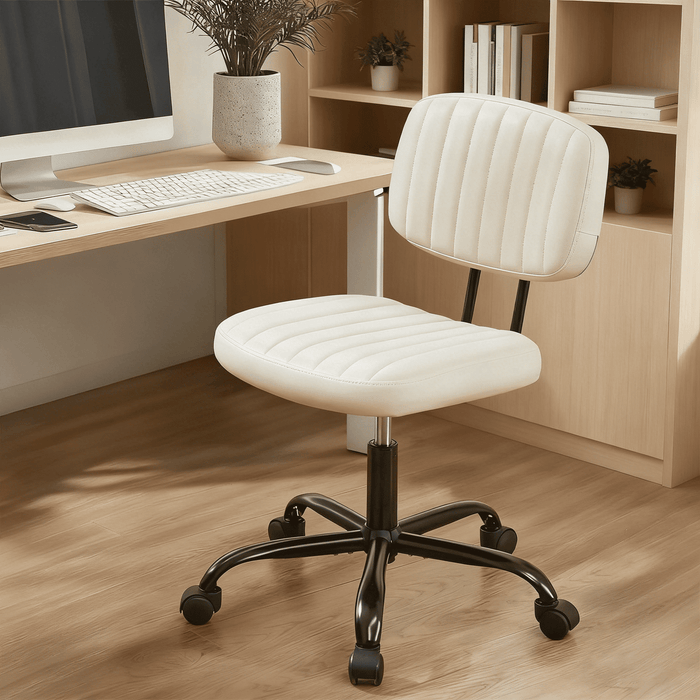 Taoset PU Leather Office Chair with Thick Cushion - Height Adjustable & 360掳 Swivel for Home Office, Salon & Dressing Room, Beige White